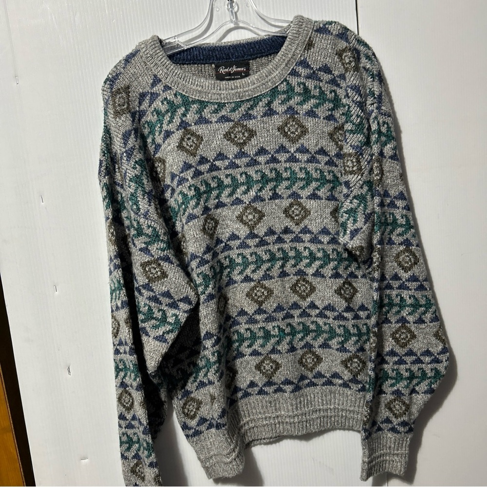 Men's Patterned Crewneck Sweater - Gray, Blue, Green